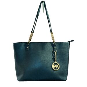 Michael Kors Chain and Saffiano Leather Tote, black w gold tone accents